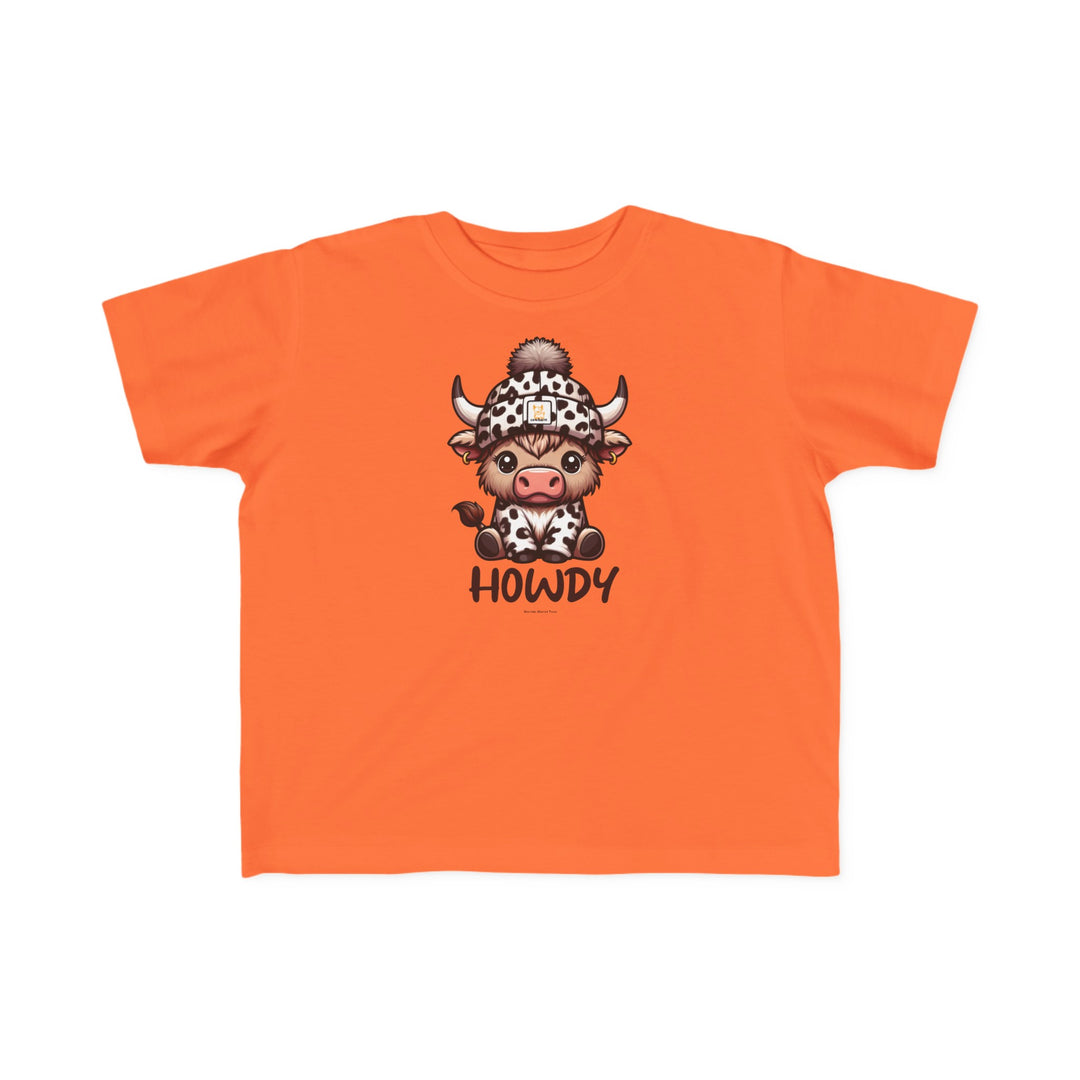 A toddler tee featuring a cartoon cow in a hat, the Howdy Toddler Tee. Made of soft 100% combed ringspun cotton, light fabric, tear-away label, and a classic fit. Sizes available: 2T, 3T, 4T, 5-6T.