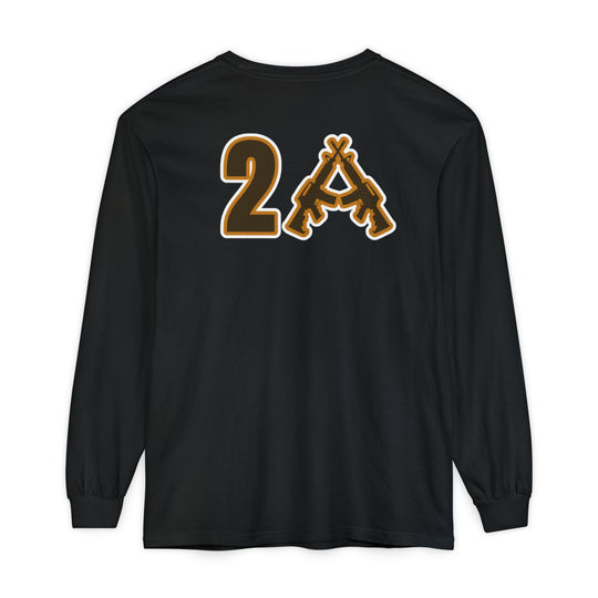 Black long-sleeve tee with stylized 2A graphic on back, featuring rifles forming the A. Made from soft 100% ring-spun cotton for a relaxed fit.