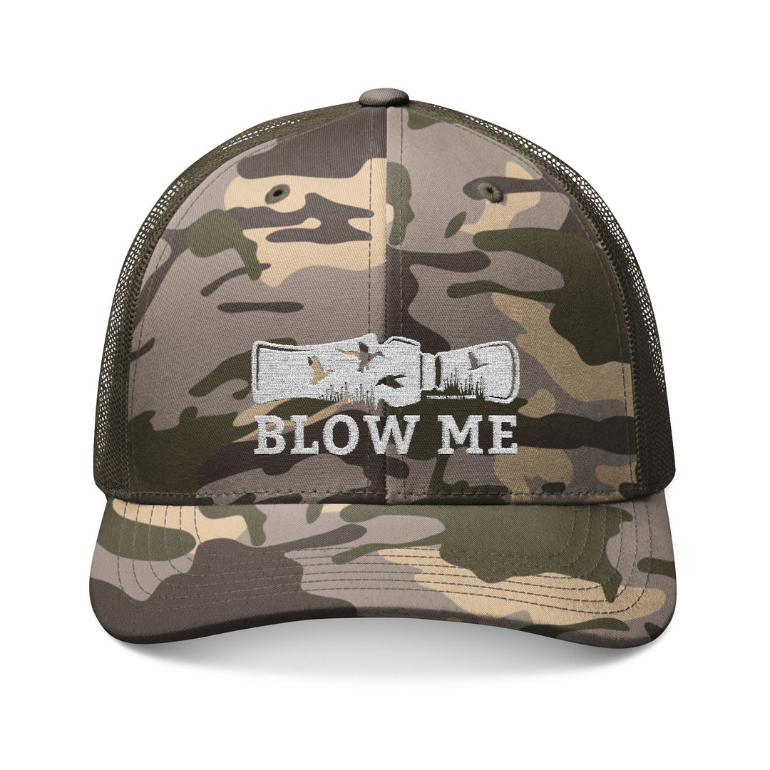 Blow Me Camouflage Trucker Hat (Embroidery) features a camo pattern, mesh back, and duck-call embroidery, combining style and humor for outdoor enthusiasts.