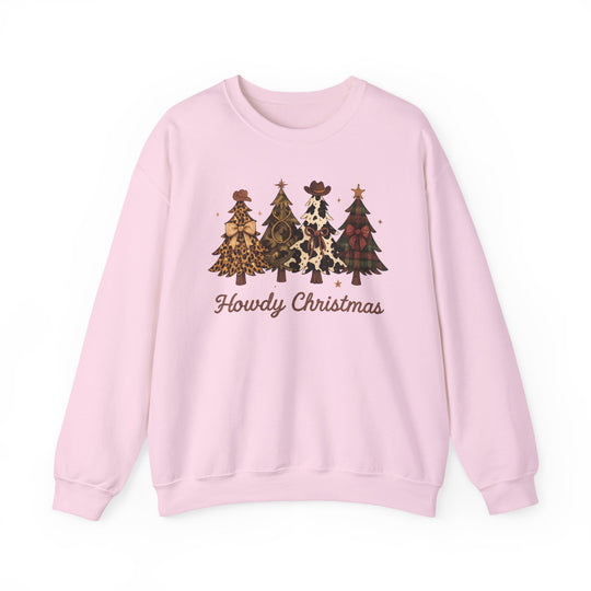 The Howdy Christmas Crew sweatshirt features four Western-styled Christmas trees with unique patterns and accessories, complemented by a cursive Howdy Christmas phrase.