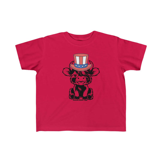 Toddler tee featuring a red shirt with a cartoon cow in a hat, ideal for sensitive skin. Made of 100% combed ringspun cotton, light fabric, classic fit, tear-away label, and true to size.