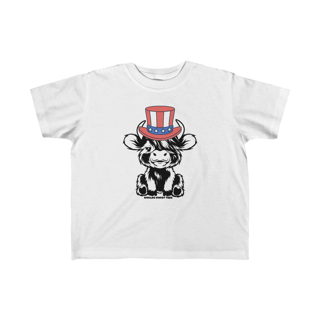 Toddler tee with a cartoon cow in a hat, ideal for sensitive skin. 100% combed ringspun cotton, light fabric, tear-away label. Perfect for first ventures. From 'Worlds Worst Tees'.