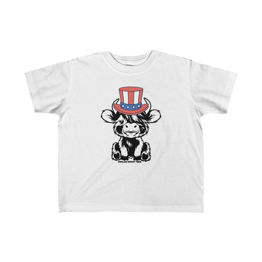 Toddler tee with a cartoon cow in a hat, ideal for sensitive skin. 100% combed ringspun cotton, light fabric, tear-away label. Perfect for first ventures. From 'Worlds Worst Tees'.