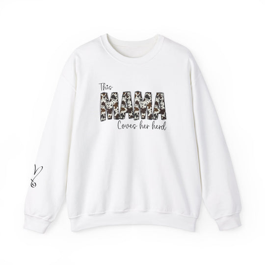 A white crewneck sweatshirt with black text, featuring a Mama Herd Crew design. Unisex, heavy blend fabric, ribbed knit collar, no itchy side seams. Ideal for comfort, 50% cotton, 50% polyester.