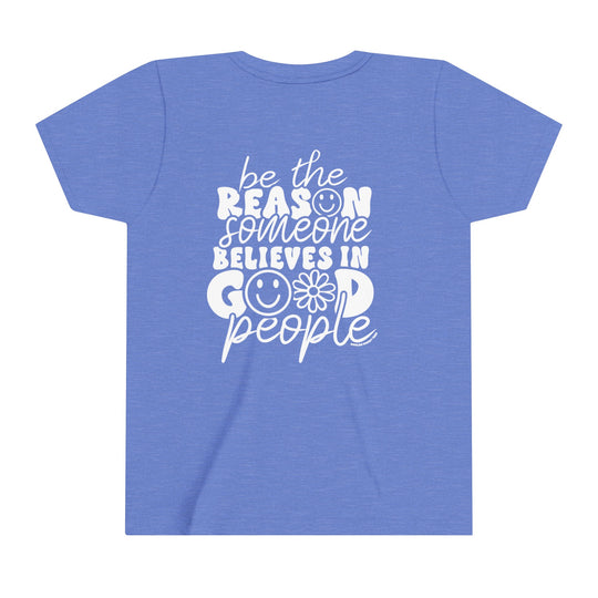 Youth short sleeve tee featuring a blue shirt with white text, ideal for kids. Made of 100% Airlume combed and ringspun cotton, lightweight and comfortable for all-day wear. Retail fit with tear away label.