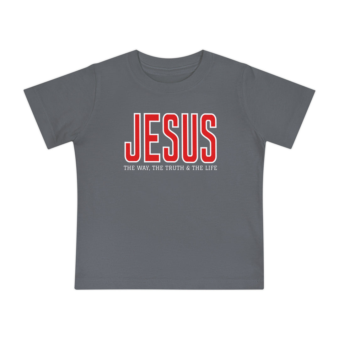 Jesus, the Way, the Truth, the Life Baby Tee features red JESUS graphic on slate-gray, short-sleeved T-shirt for children. Soft, durable, pre-shrunk cotton.
