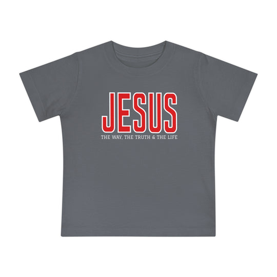 Jesus, the Way, the Truth, the Life Baby Tee features red JESUS graphic on slate-gray, short-sleeved T-shirt for children. Soft, durable, pre-shrunk cotton.