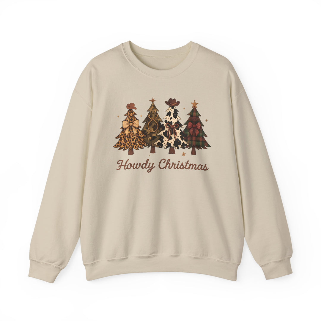 Light-beige sweatshirt featuring western-themed Christmas trees with cowboy hats, styled with Howdy Christmas text, blending comfort with unique graphic design.