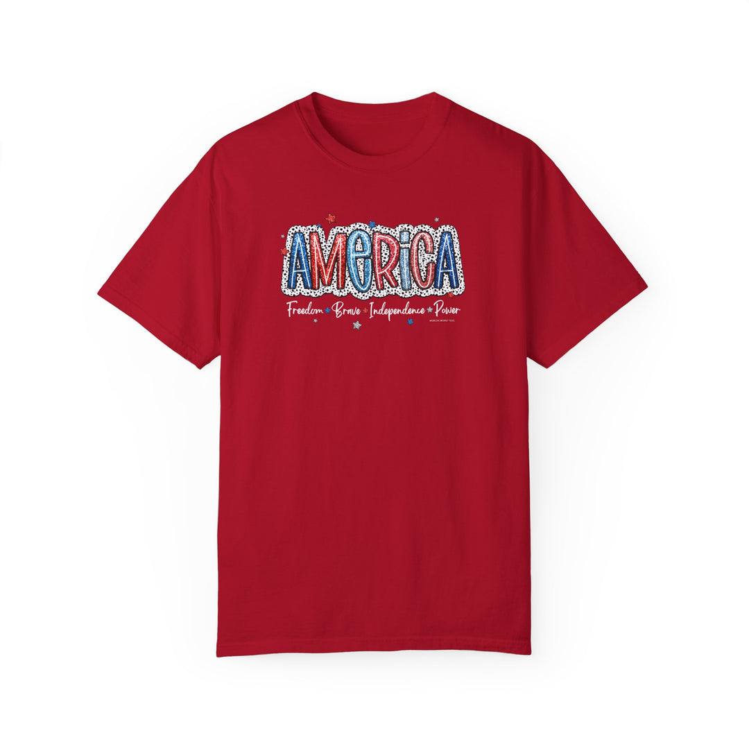 America Tee: Red shirt with logo, 100% ring-spun cotton, medium weight, relaxed fit, double-needle stitching for durability, no side-seams for tubular shape. From Worlds Worst Tees.