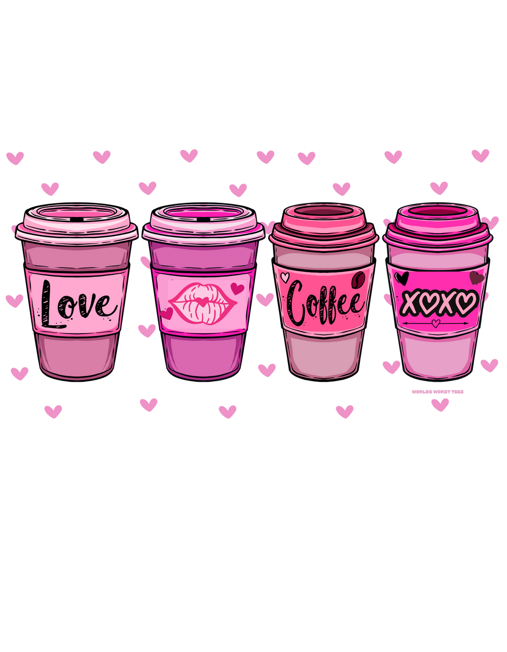 A cozy XOXO Coffee Crew sweatshirt featuring a pink cup with a lid design, made of 50% cotton and 50% polyester blend for comfort and style. Sizes from S to 5XL available.