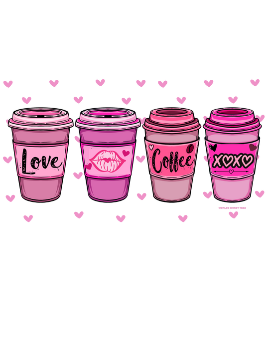 A cozy XOXO Coffee Crew sweatshirt featuring a pink cup with a lid design, made of 50% cotton and 50% polyester blend for comfort and style. Sizes from S to 5XL available.