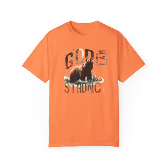 An orange I Am Strong Tee with a bear graphic on ring-spun cotton. Relaxed fit, double-needle stitching, no side-seams for durability and shape retention. Medium weight, cozy, and daily wear.
