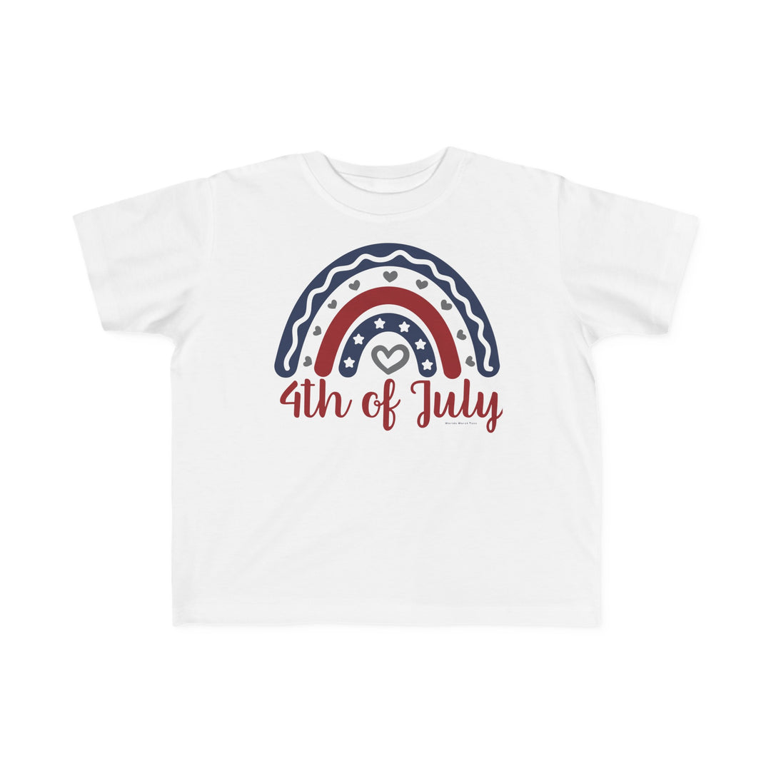 A classic fit 4th of July Toddler Tee in white, featuring a rainbow design with stars and hearts. Made of 100% combed ringspun cotton, light fabric, tear-away label, and true-to-size fit. Sizes: 2T, 3T, 4T, 5-6T.