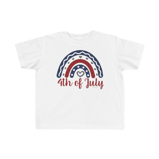 A classic fit 4th of July Toddler Tee in white, featuring a rainbow design with stars and hearts. Made of 100% combed ringspun cotton, light fabric, tear-away label, and true-to-size fit. Sizes: 2T, 3T, 4T, 5-6T.