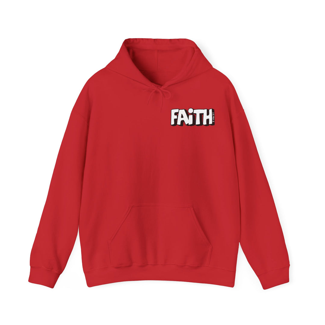 A red unisex heavy blend hooded sweatshirt featuring Walk By Faith Not By Sight text. Thick cotton-polyester fabric, kangaroo pocket, and drawstring hood. Classic fit, tear-away label, true to size.