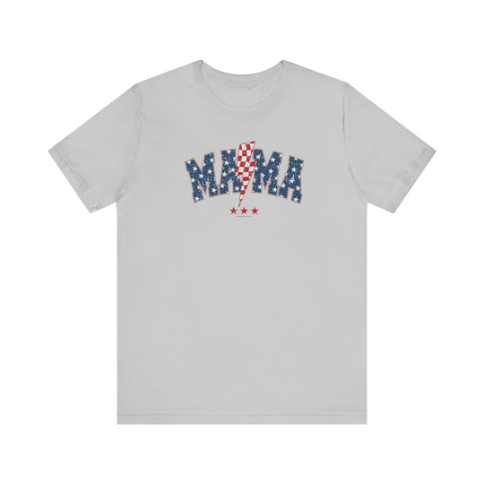 A grey t-shirt with red and blue text, featuring the 4th Mama Tee design. Unisex jersey tee made of 100% Airlume combed cotton, with ribbed knit collars and taping on shoulders for durability.