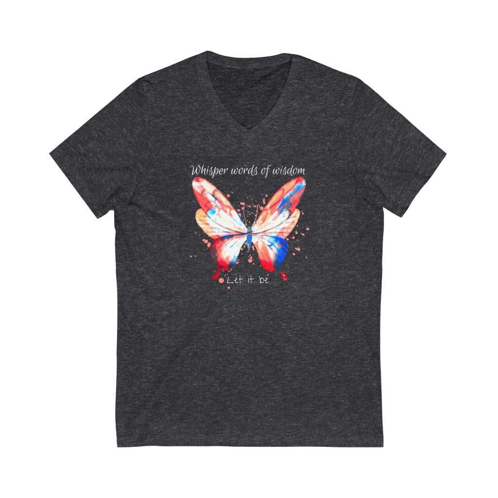 A ladies' Whisper Words of Wisdom Tee, featuring a black v-neck shirt with a butterfly design. Made of 100% polyester for breathability during workouts and outdoor activities. Perfect for staying fresh and stylish on the go.