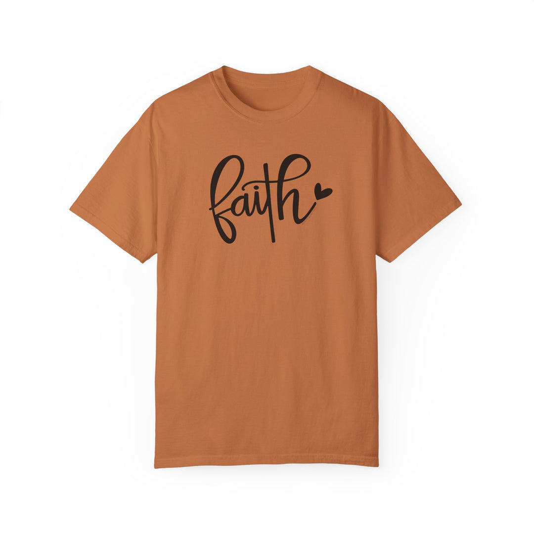 A Faith Tee, a garment-dyed t-shirt made of 100% ring-spun cotton. Soft-washed fabric for coziness, relaxed fit, double-needle stitching for durability, and seamless design for shape retention.