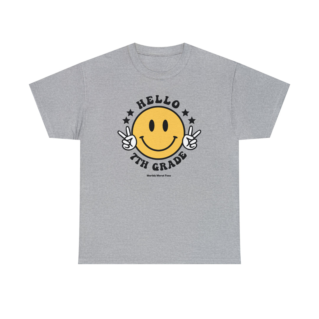 Hello 7th Grade Tee: Grey t-shirt with yellow smiley face and peace sign hand design. Comfy, light, premium fit men’s shirt with ribbed knit collar and roomy feel. Ideal for workouts and daily wear.