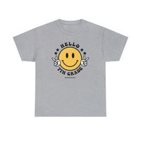 Hello 7th Grade Tee: Grey t-shirt with yellow smiley face and peace sign hand design. Comfy, light, premium fit men’s shirt with ribbed knit collar and roomy feel. Ideal for workouts and daily wear.