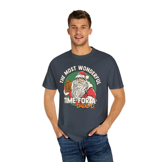 A man in a t-shirt with hands in pockets, holding a beer, showcasing Most Wonderful Time for a Beer Tee. Unisex sweatshirt, 80% ring-spun cotton, 20% polyester, relaxed fit.
