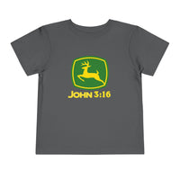 John 3:16 Toddler Tee showcasing a parody John Deere logo with a yellow deer inside a green shield, printed on a dark-gray Bella Canvas t-shirt.