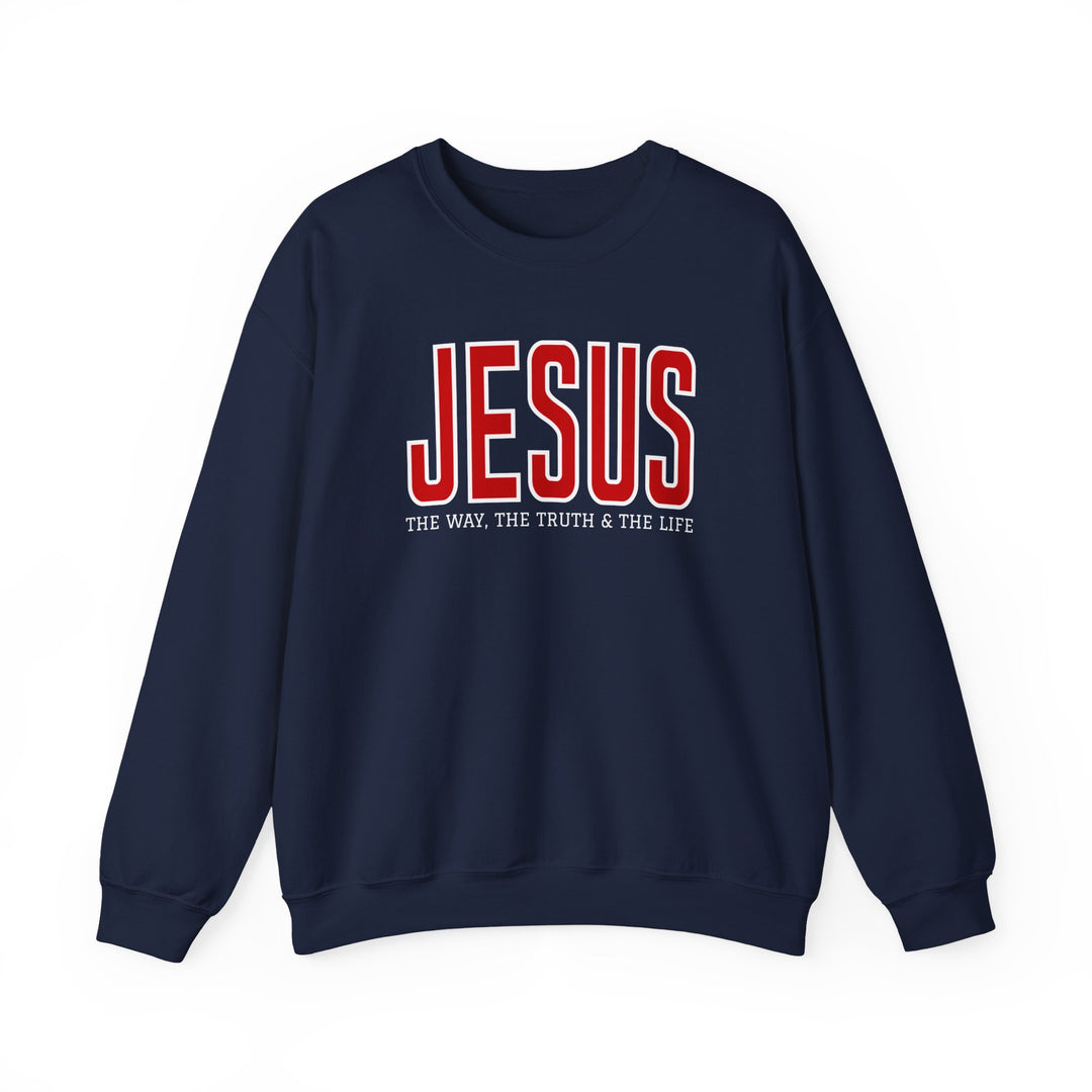 Navy-blue crewneck sweatshirt with JESUS in bold lettering, featuring THE WAY, THE TRUTH & THE LIFE slogan, designed for comfort and style.