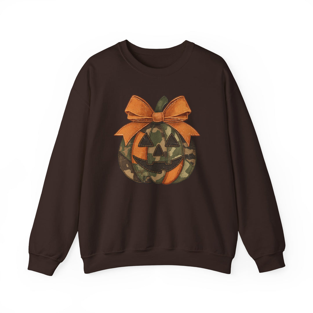 Jackie O Crew: Dark-brown sweatshirt with camouflage jack-o’-lantern graphic, orange accents, and bow. Made from cotton-poly blend for warmth and comfort.
