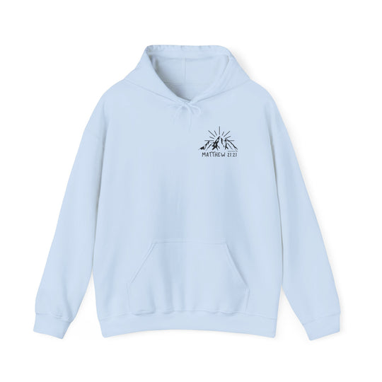 A light blue Faith Can Move Mountains Hoodie with a logo of a mountain and sun rays. Unisex heavy blend, cotton-polyester fabric, kangaroo pocket, and matching drawstring for style. Sizes S to 5XL.