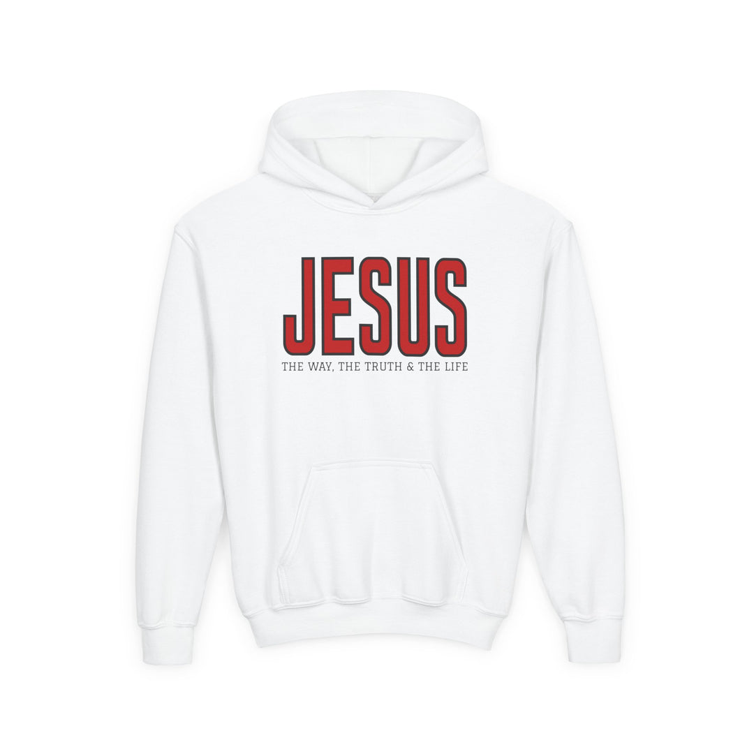 Youth hoodie with JESUS in bold red and THE WAY, THE TRUTH & THE LIFE in black on chest, featuring a kangaroo pocket.