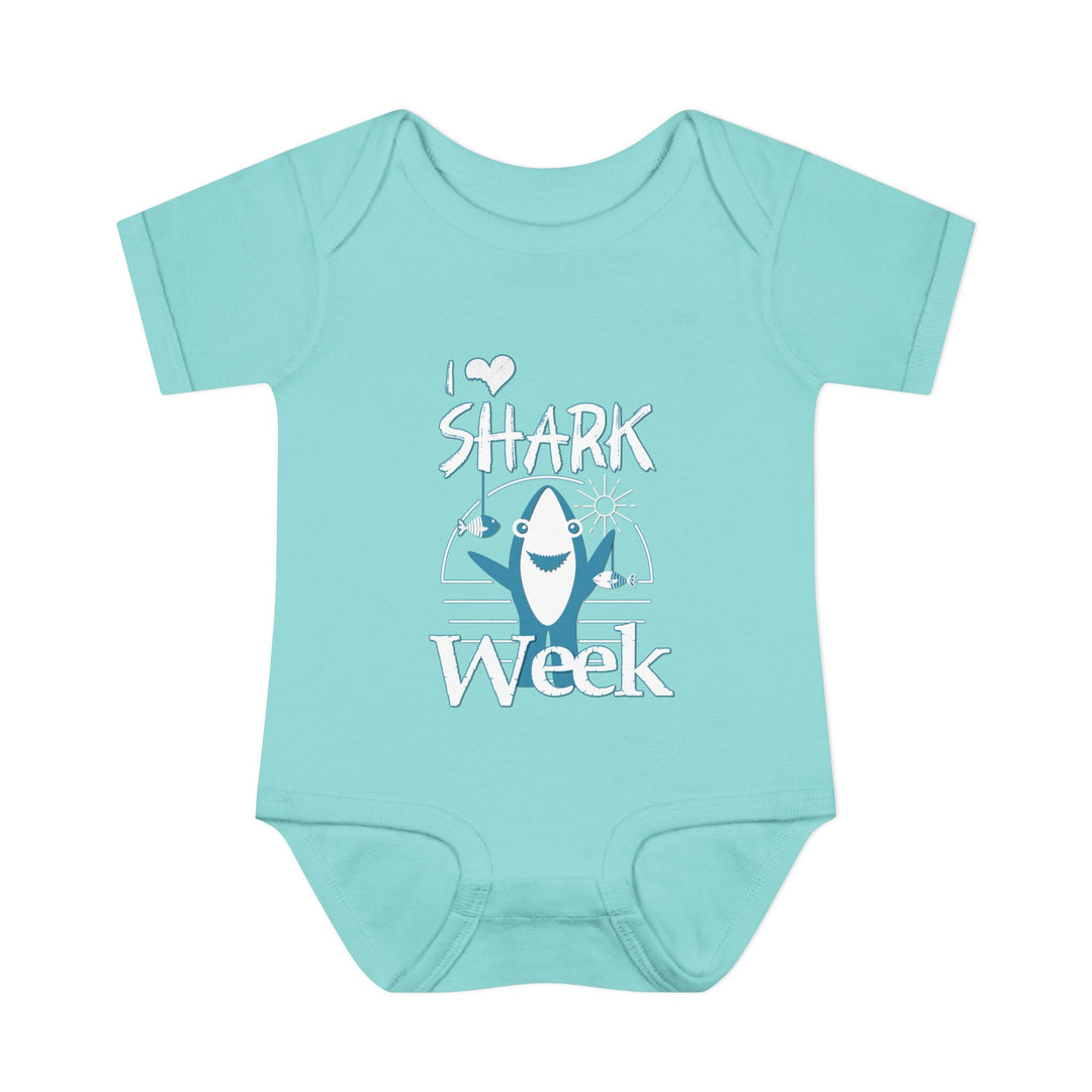 Infant unisex I Love Shark Week onesie with lap shoulders, made of soft, 100% combed ring-spun cotton for comfort, perfect for babies aged 0-24 months.