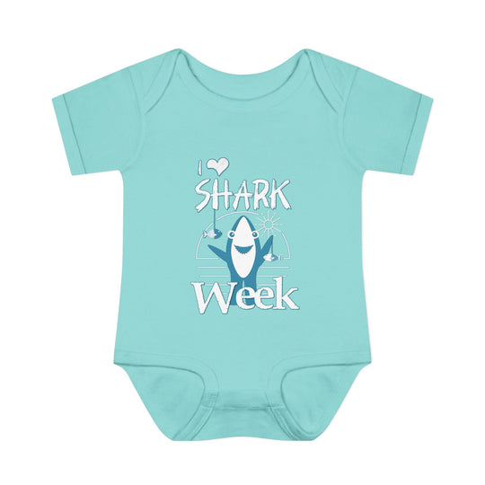 Infant unisex I Love Shark Week onesie with lap shoulders, made of soft, 100% combed ring-spun cotton for comfort, perfect for babies aged 0-24 months.