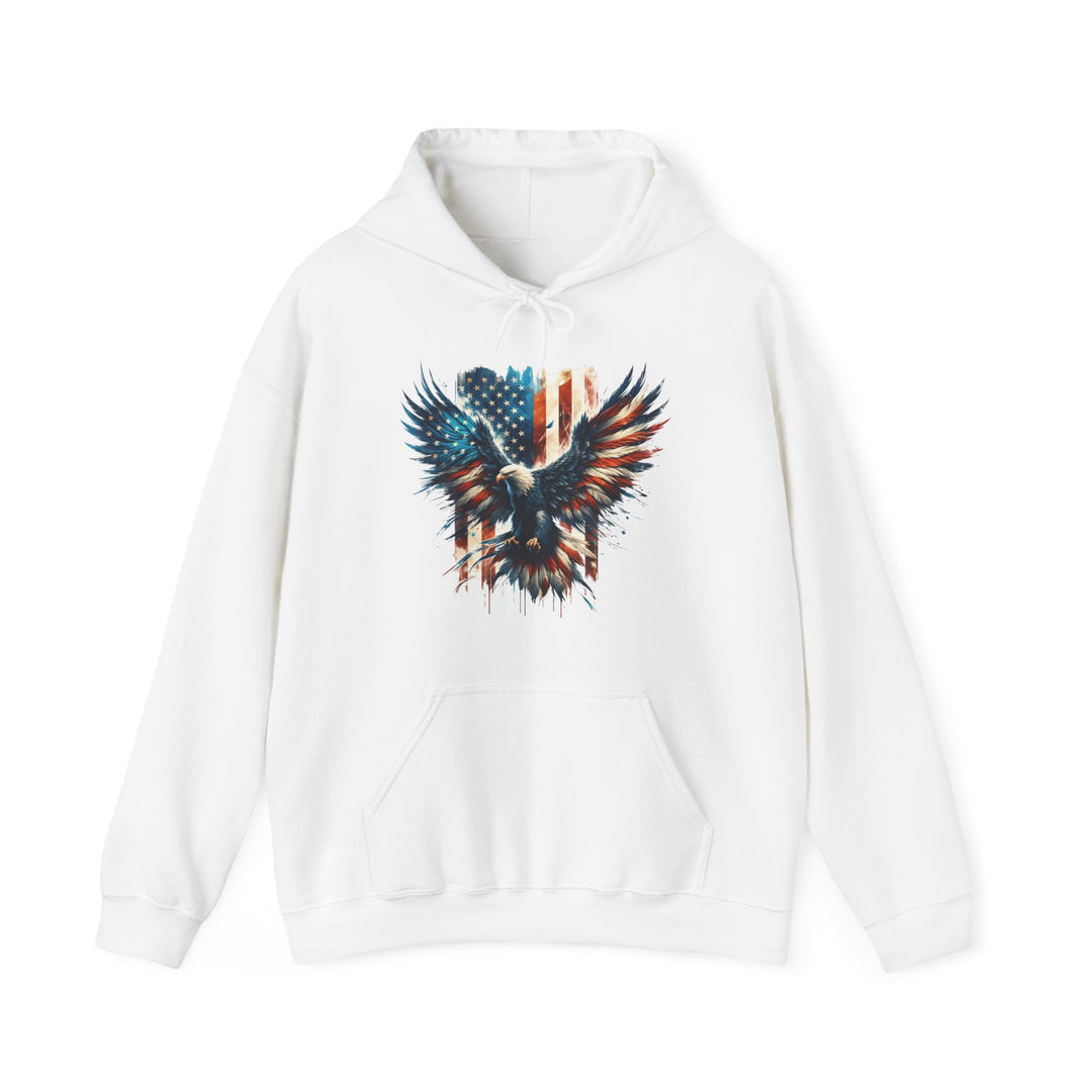 A white American Eagle hoodie, featuring a majestic eagle design. Unisex heavy blend with cotton and polyester for comfort and warmth. Kangaroo pocket and drawstring hood. Classic fit, tear-away label, true to size.