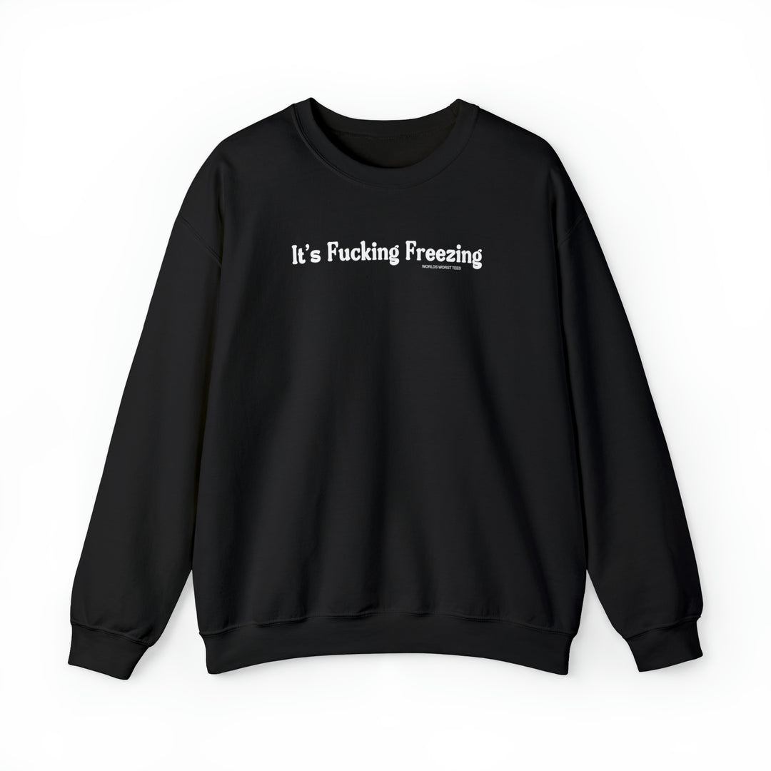 Unisex heavy blend crewneck sweatshirt, the It's Fucking Freezing Crew, in black with white text. 50% cotton, 50% polyester, loose fit, ribbed knit collar, no itchy side seams. Sizes S-5XL.