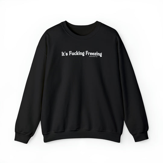 Unisex heavy blend crewneck sweatshirt, the It's Fucking Freezing Crew, in black with white text. 50% cotton, 50% polyester, loose fit, ribbed knit collar, no itchy side seams. Sizes S-5XL.