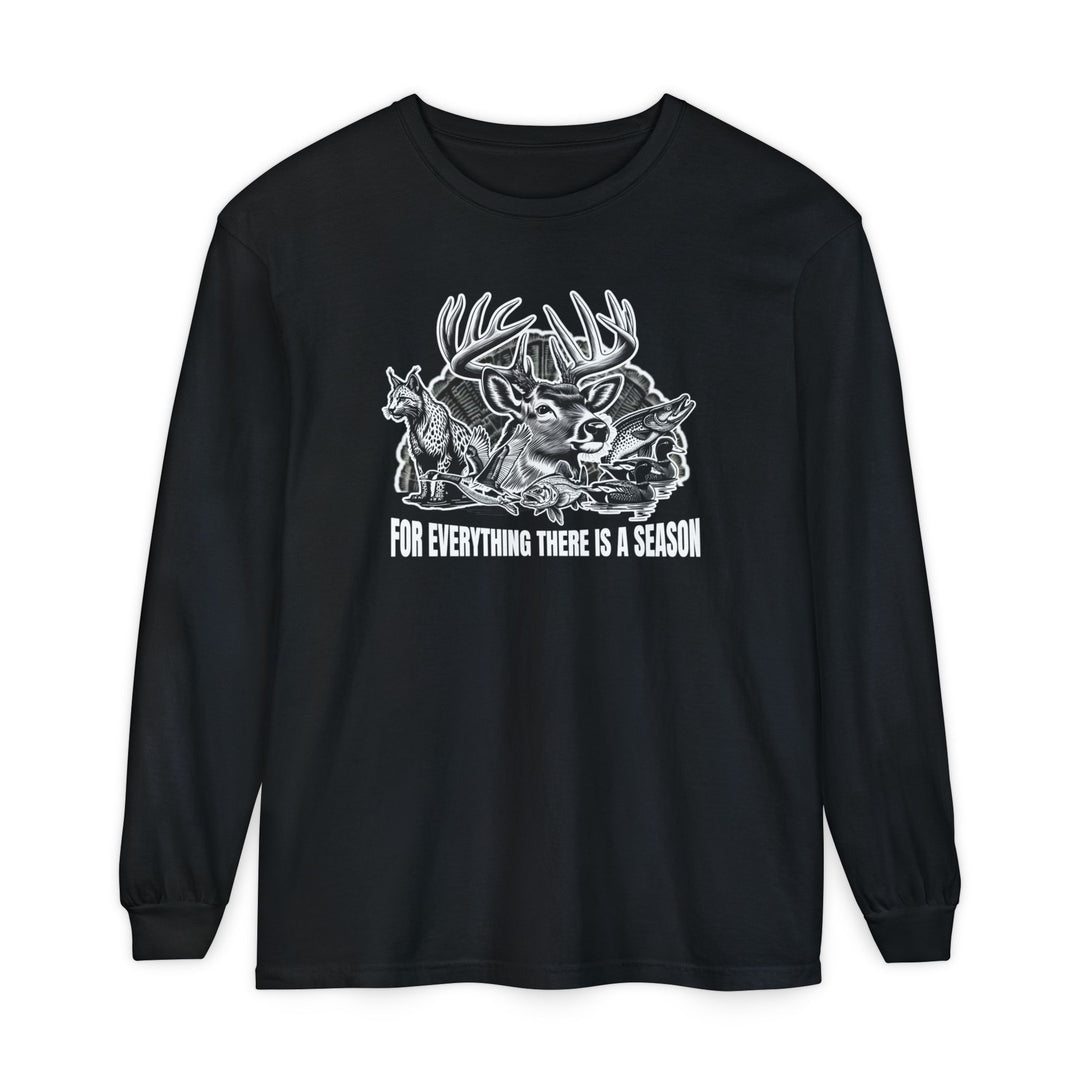 For Everything There Is a Season Long Sleeve Tee featuring a buck, fox, and fish graphic, embodying a relaxed fit and soft, 100% ring-spun cotton.