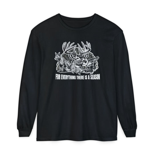 For Everything There Is a Season Long Sleeve Tee featuring a buck, fox, and fish graphic, embodying a relaxed fit and soft, 100% ring-spun cotton.