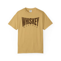 Whiskey Weather Tee: Mustard short-sleeve crew-neck with WHISKEY WEATHER in dark brown, offering a relaxed fit and durable design for everyday comfort.