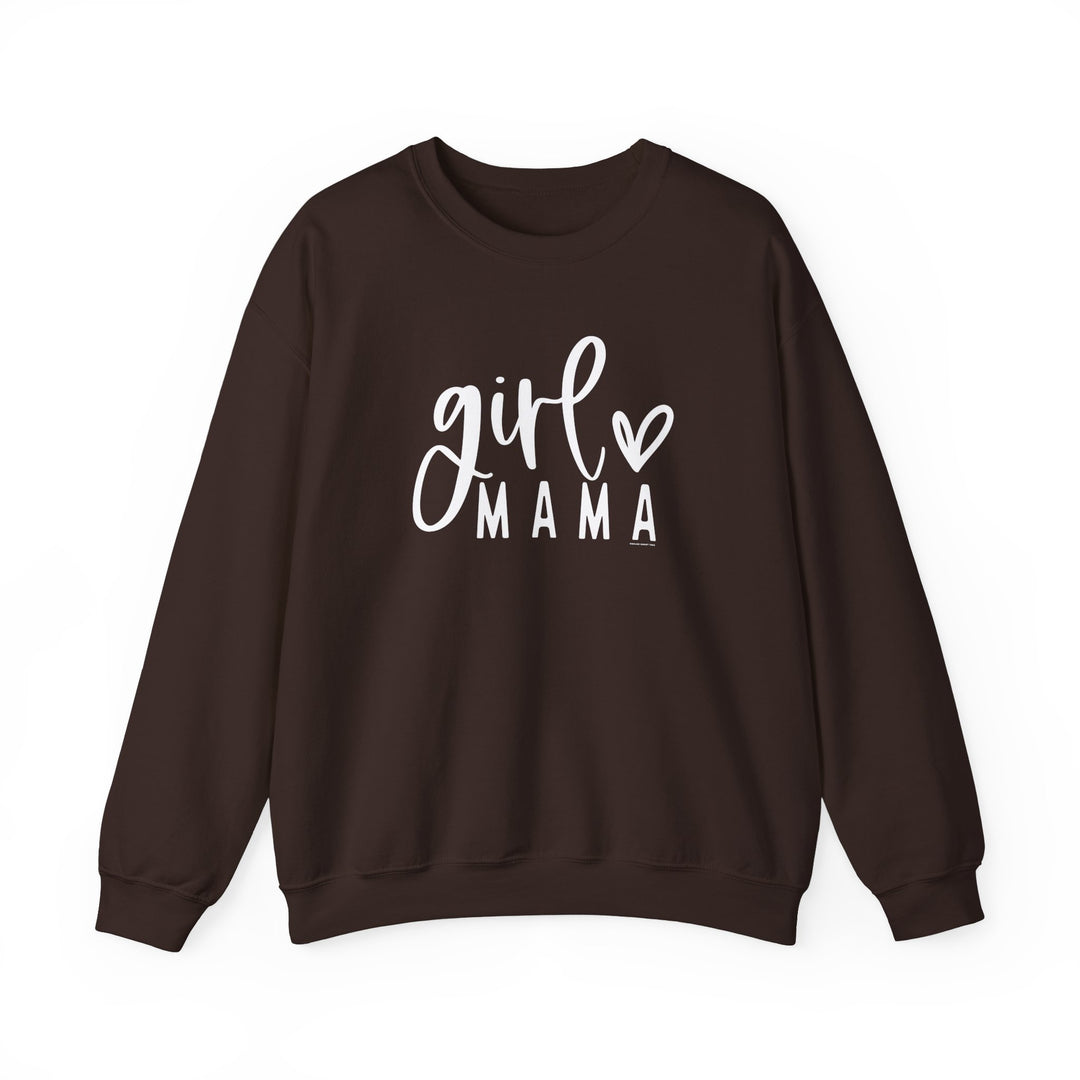 Unisex Girl Mama Crew sweatshirt: Brown with white text. Heavy blend fabric, ribbed knit collar, no itchy seams. 50% cotton, 50% polyester, loose fit, true to size. Ideal comfort for any occasion.
