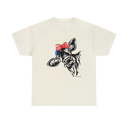A classic fit unisex heavy cotton tee featuring a cow head with a red bow, perfect for casual fashion. No side seams, durable tape on shoulders, and ribbed knit collar. Ideal for 4th of July Family Mama Cow Tee.