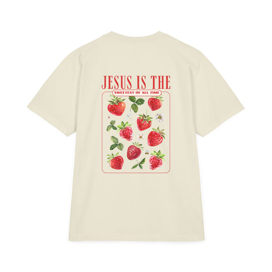 Unisex Jesus is the Sweetest Tee with drop-shoulder design, vintage-washed finish, and ribbed crew neck, offering a relaxed, oversized streetwear fit.