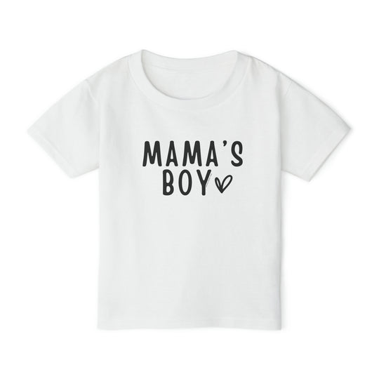 Mama's Boy Toddler Tee featuring black text on white fabric. 100% cotton for softness, classic fit with rib collar. Sizes: 2T, 3T, 4T, 5T, 6T. Dimensions: Width - 11.00-15.00 in, Length - 15.00-19.00 in, Sleeve length - 9.00-12.50 in.