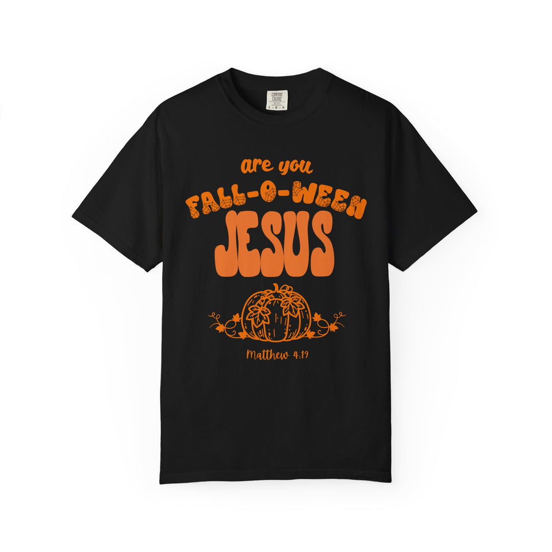 FALL-O-WEEN Jesus Tee: Black T-shirt featuring bright orange Christian fall theme with pumpkin design, Matthew 4:19 verse, relaxed fit, durable, 100% ring-spun cotton.