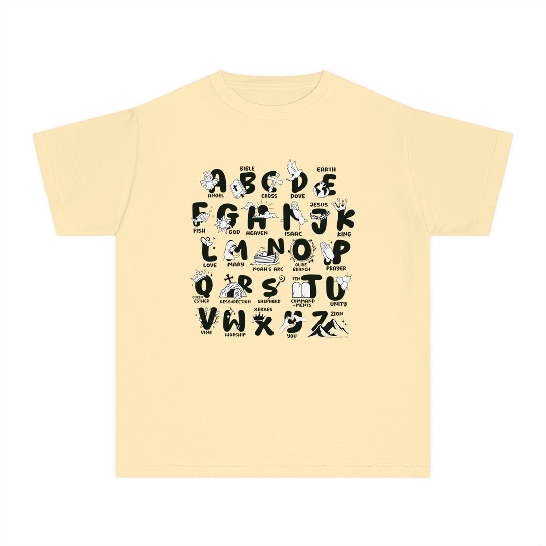 Kid's Bible Alphabet Tee: Yellow t-shirt with black and white letters. 100% combed ringspun cotton, soft-washed, garment-dyed, classic fit for all-day comfort. Ideal for active kids. From Worlds Worst Tees.