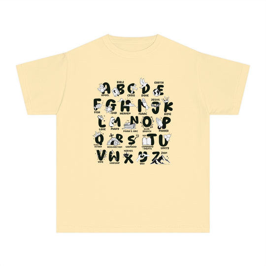 Kid's Bible Alphabet Tee: Yellow t-shirt with black and white letters. 100% combed ringspun cotton, soft-washed, garment-dyed, classic fit for all-day comfort. Ideal for active kids. From Worlds Worst Tees.