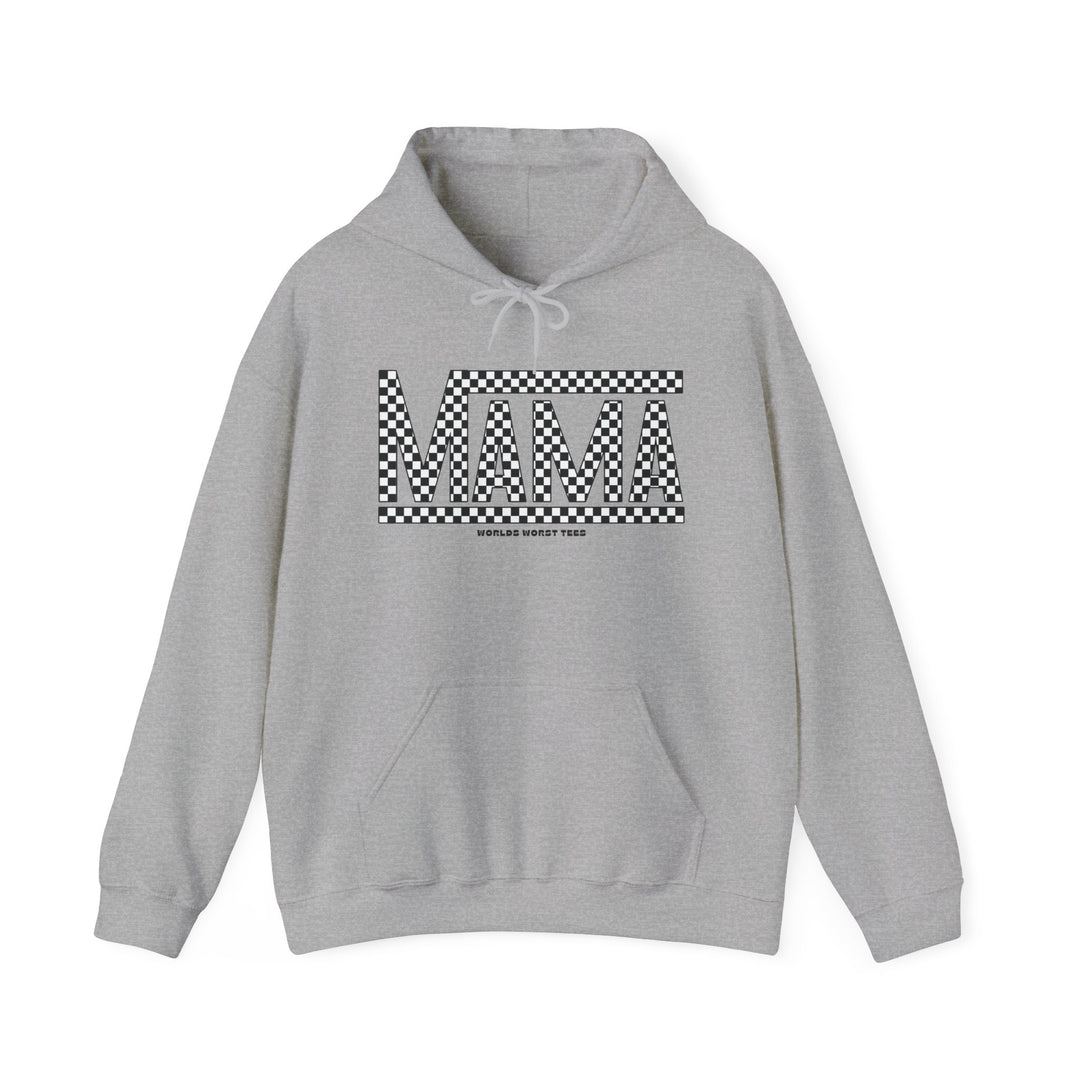 Unisex Vans Mama Hoodie, a cozy grey sweatshirt with black and white checkered pattern. Thick cotton-polyester blend, kangaroo pocket, and drawstring hood. Classic fit, tear-away label, ideal for printing.