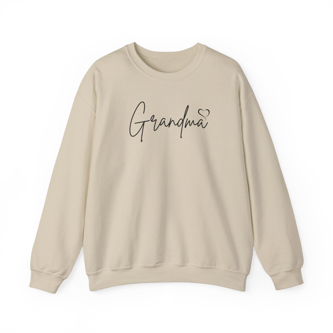 A Grandma Love Crew unisex heavy blend sweatshirt in white with black text. Features ribbed knit collar, no itchy side seams, 50% cotton, 50% polyester, loose fit, and medium-heavy fabric.