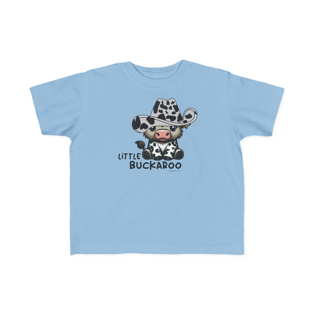 Buckaroo Toddler Tee featuring a cartoon cow in a cowboy hat on a blue shirt. Soft 100% combed ringspun cotton, light fabric, classic fit, tear-away label. Sizes: 2T, 3T, 4T, 5-6T.