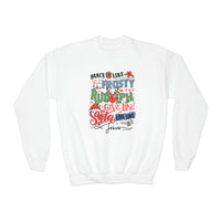 Youth crew sweatshirt featuring Frosty Rudolph Santa Jesus design. 50% cotton, 50% polyester blend, medium-heavy fabric, loose fit. Ideal for school, sports, and casual wear. Sizes XS to XL.