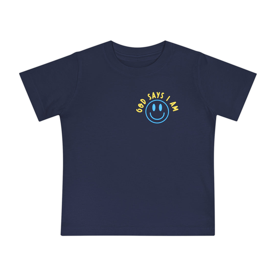 I AM Baby Tee: Navy toddler T-shirt with a smiley face and “God says I am” text, combining style and comfort for children.